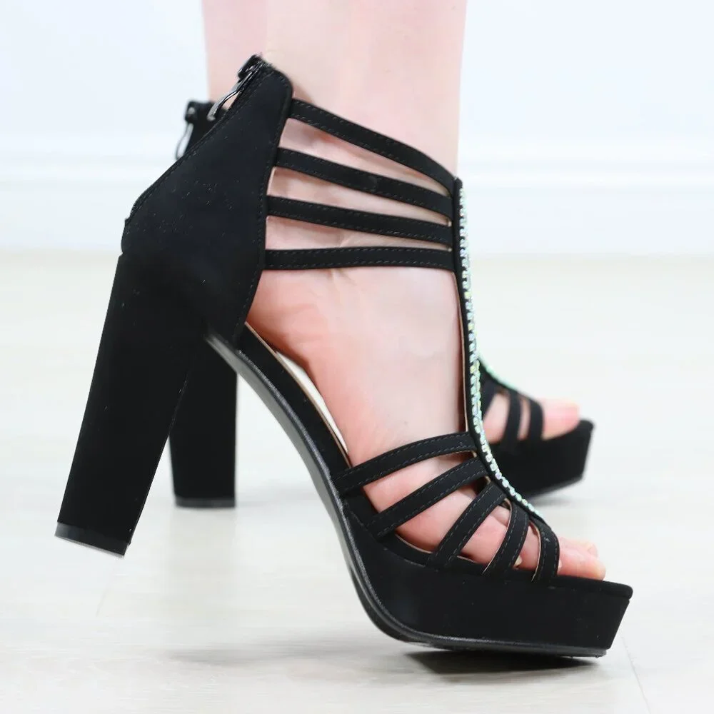 Black Rhinestone T-Strap Platform Sandals Women’s Block Heel Evening Party Shoes - Picture 5 of 15